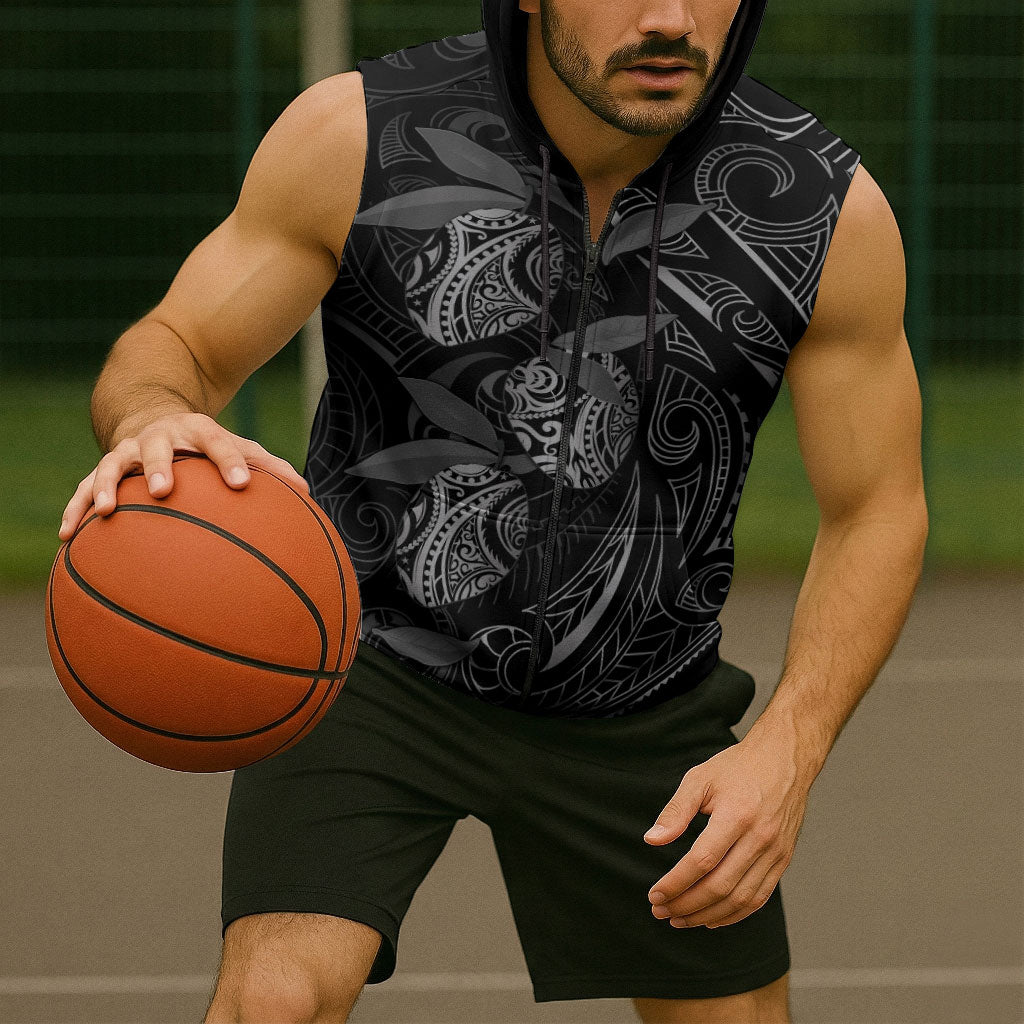 Hawaiian Mango Tribal Tattoo Sleeveless Zip Hoodie Black White Pacific Traditional Pattern
