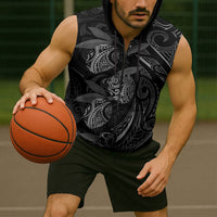 Hawaiian Mango Tribal Tattoo Sleeveless Zip Hoodie Black White Pacific Traditional Pattern