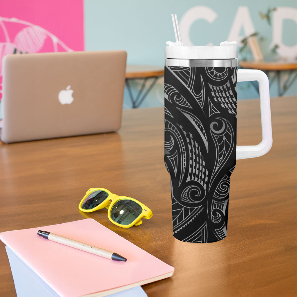 Hawaiian Mango Tribal Tattoo Tumbler With Handle Black White Pacific Traditional Pattern