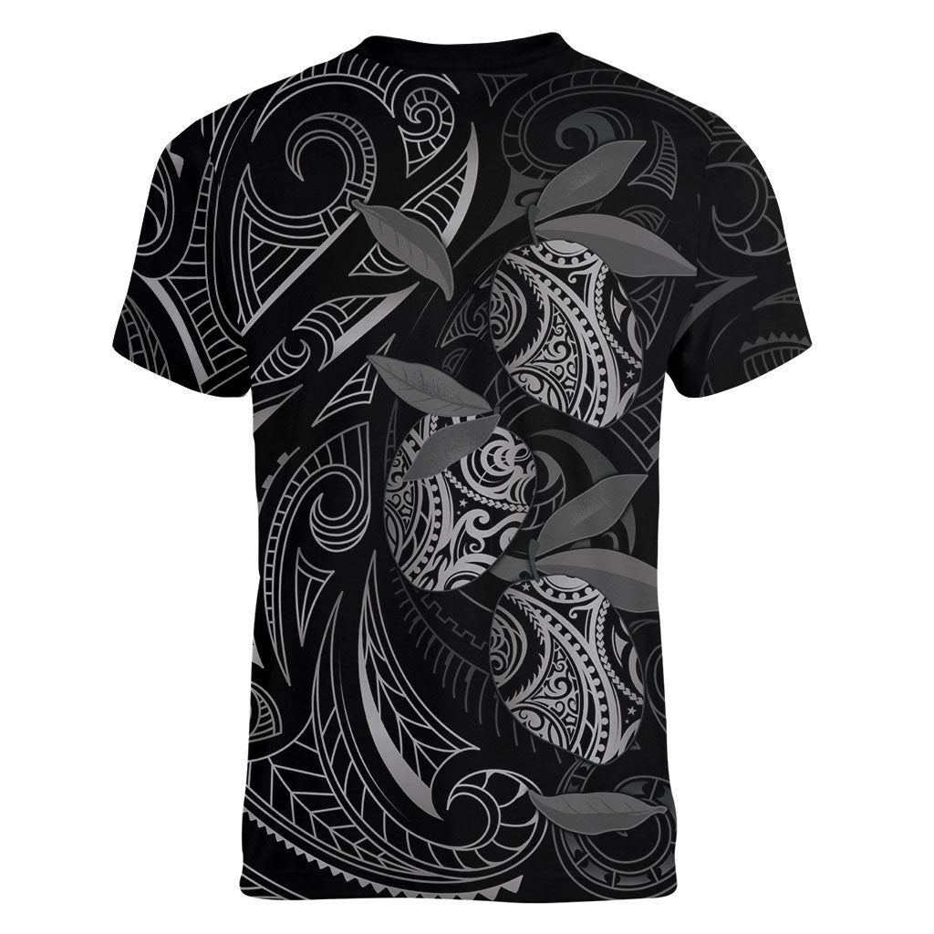 Hawaiian Mango Tribal Tattoo Women V-Neck T-Shirt Black White Pacific Traditional Pattern