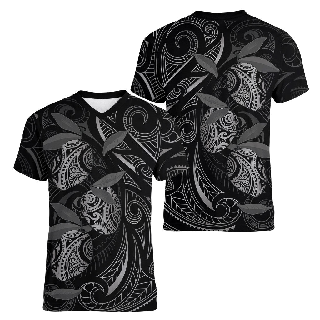 Hawaiian Mango Tribal Tattoo Women V-Neck T-Shirt Black White Pacific Traditional Pattern