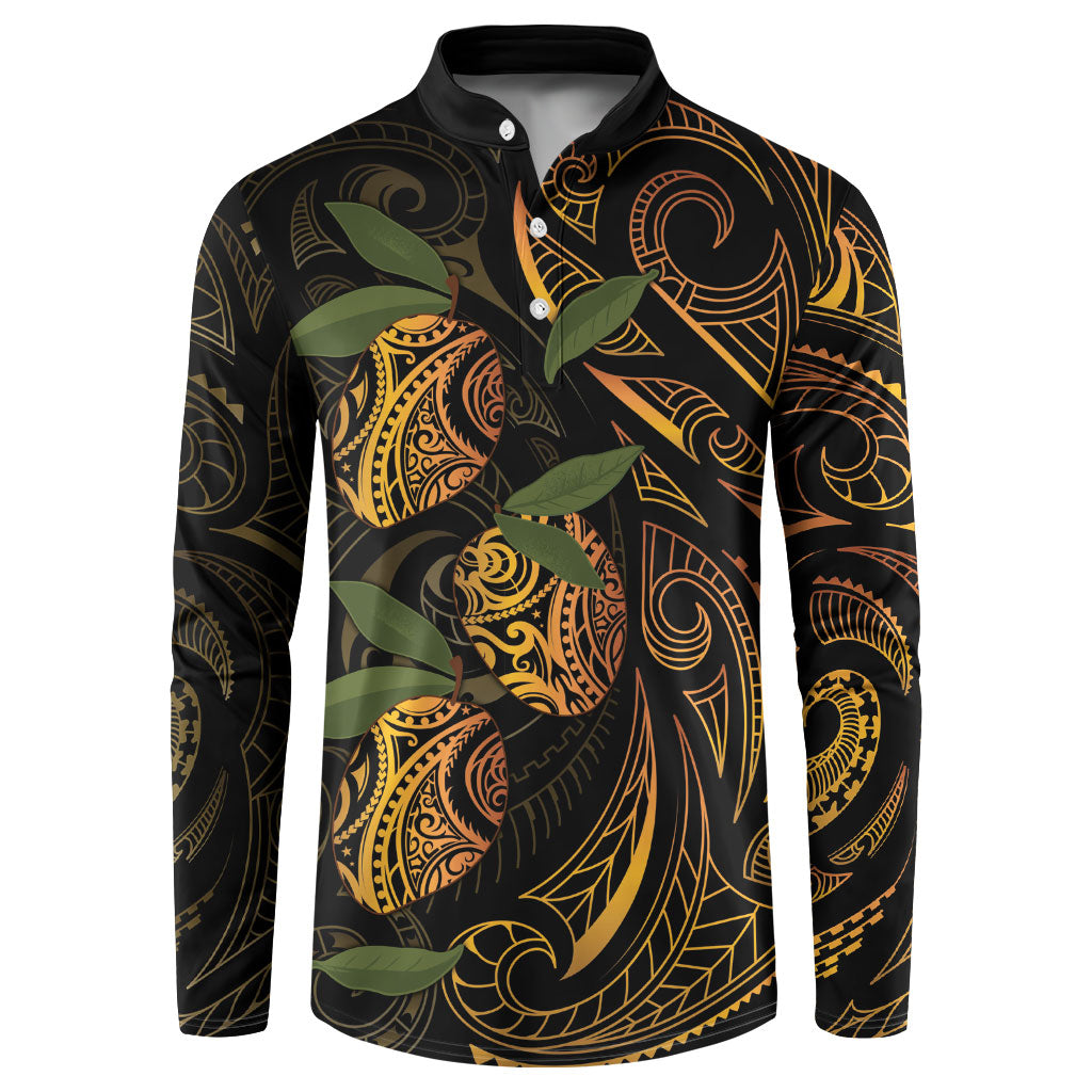 Hawaiian Mango Tribal Tattoo Button Sweatshirt Gold Pacific Traditional Pattern