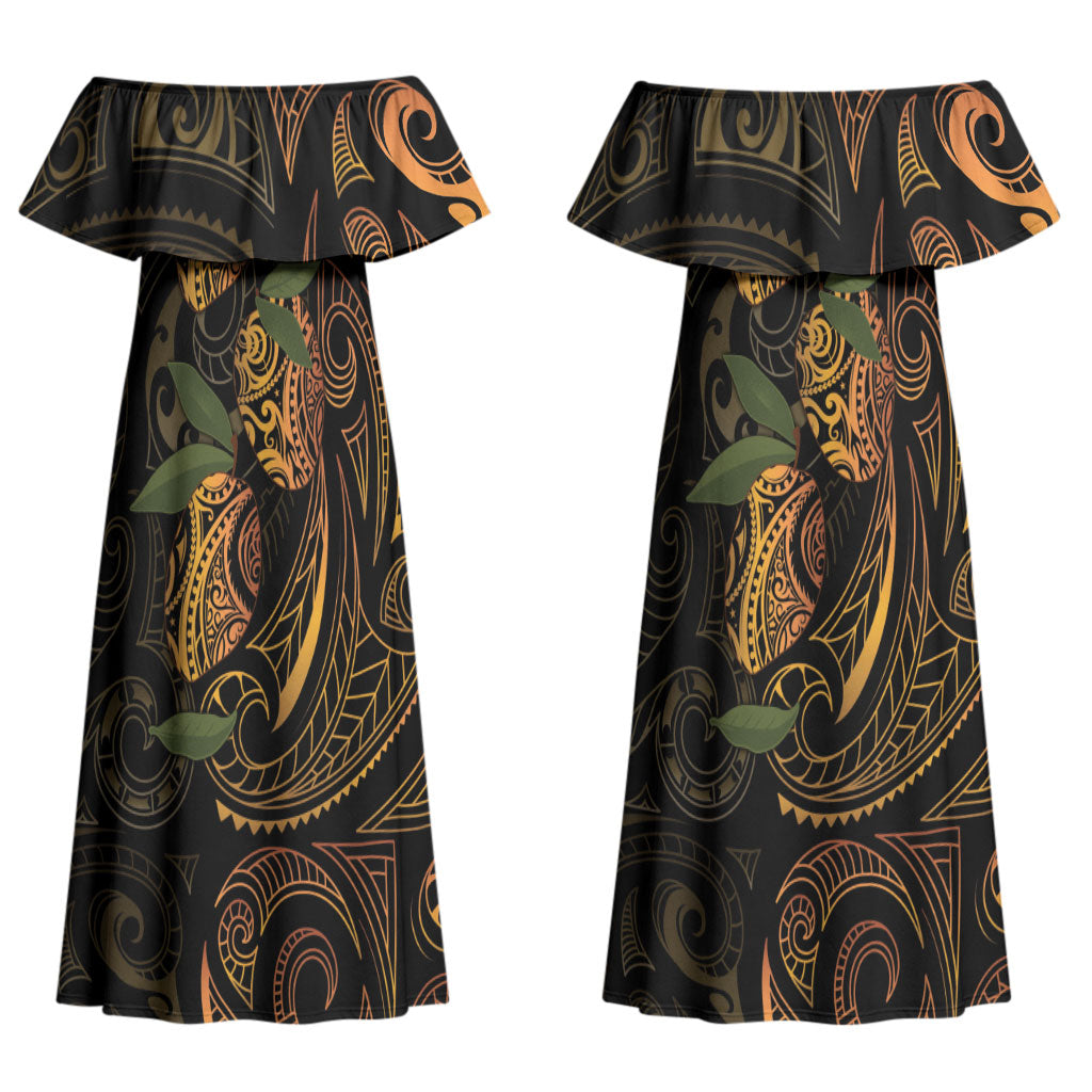 Hawaiian Mango Tribal Tattoo Couples Matching Off Shoulder Maxi Dress and Hawaiian Shirt Gold Pacific Traditional Pattern