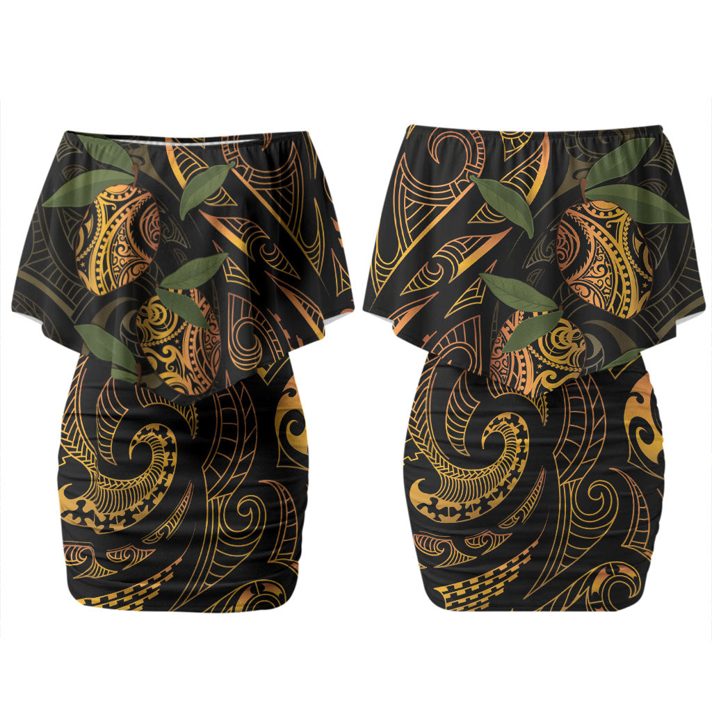 Hawaiian Mango Tribal Tattoo Couples Matching Off Shoulder Short Dress and Long Sleeve Button Shirt Gold Pacific Traditional Pattern
