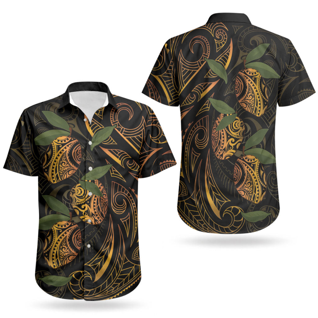 Hawaiian Mango Tribal Tattoo Couples Matching Puletasi and Hawaiian Shirt Gold Pacific Traditional Pattern
