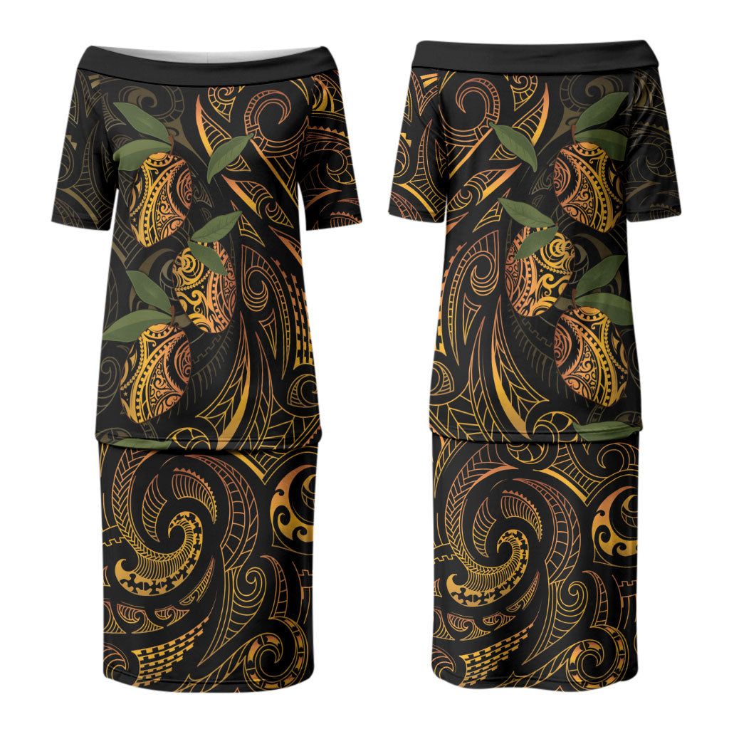 Hawaiian Mango Tribal Tattoo Couples Matching Puletasi and Hawaiian Shirt Gold Pacific Traditional Pattern