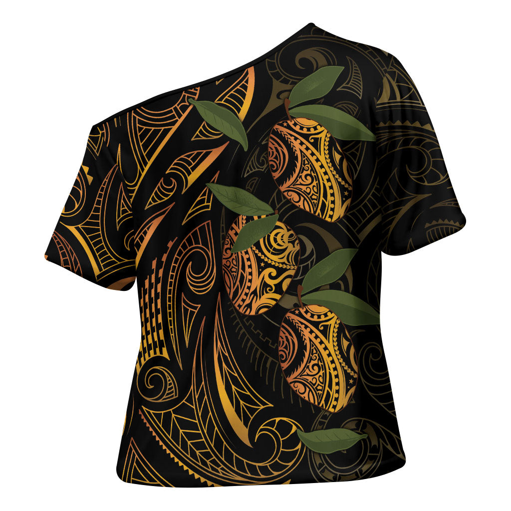 Hawaiian Mango Tribal Tattoo Cross Shoulder Shirt Gold Pacific Traditional Pattern