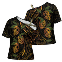 Hawaiian Mango Tribal Tattoo Cross Shoulder Shirt Gold Pacific Traditional Pattern