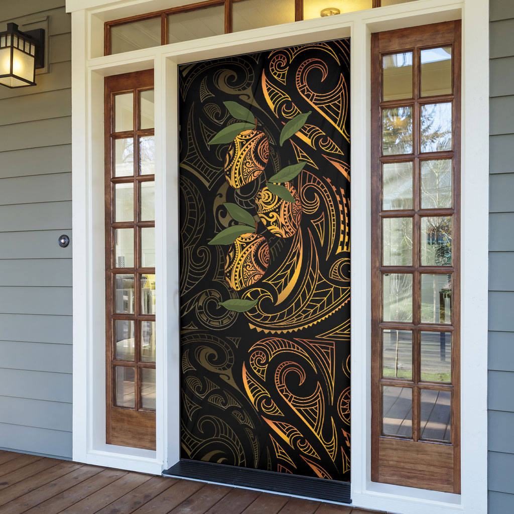 Hawaiian Mango Tribal Tattoo Door Cover Gold Pacific Traditional Pattern