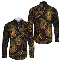 Hawaiian Mango Tribal Tattoo Family Matching Long Sleeve Bodycon Dress and Hawaiian Shirt Gold Pacific Traditional Pattern