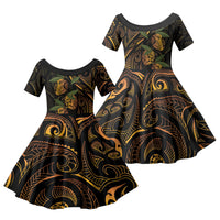 Hawaiian Mango Tribal Tattoo Family Matching Long Sleeve Bodycon Dress and Hawaiian Shirt Gold Pacific Traditional Pattern