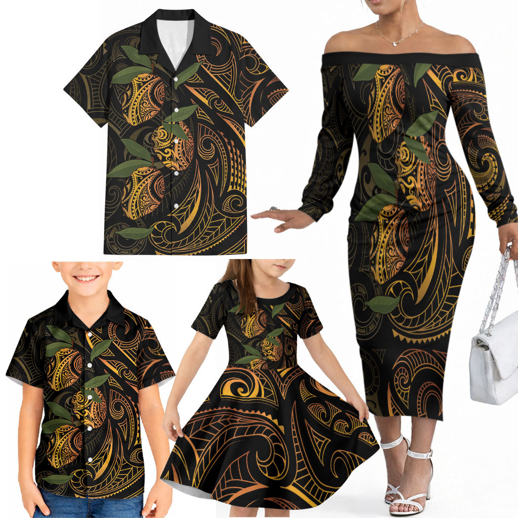 Hawaiian Mango Tribal Tattoo Family Matching Off The Shoulder Long Sleeve Dress and Hawaiian Shirt Gold Pacific Traditional Pattern