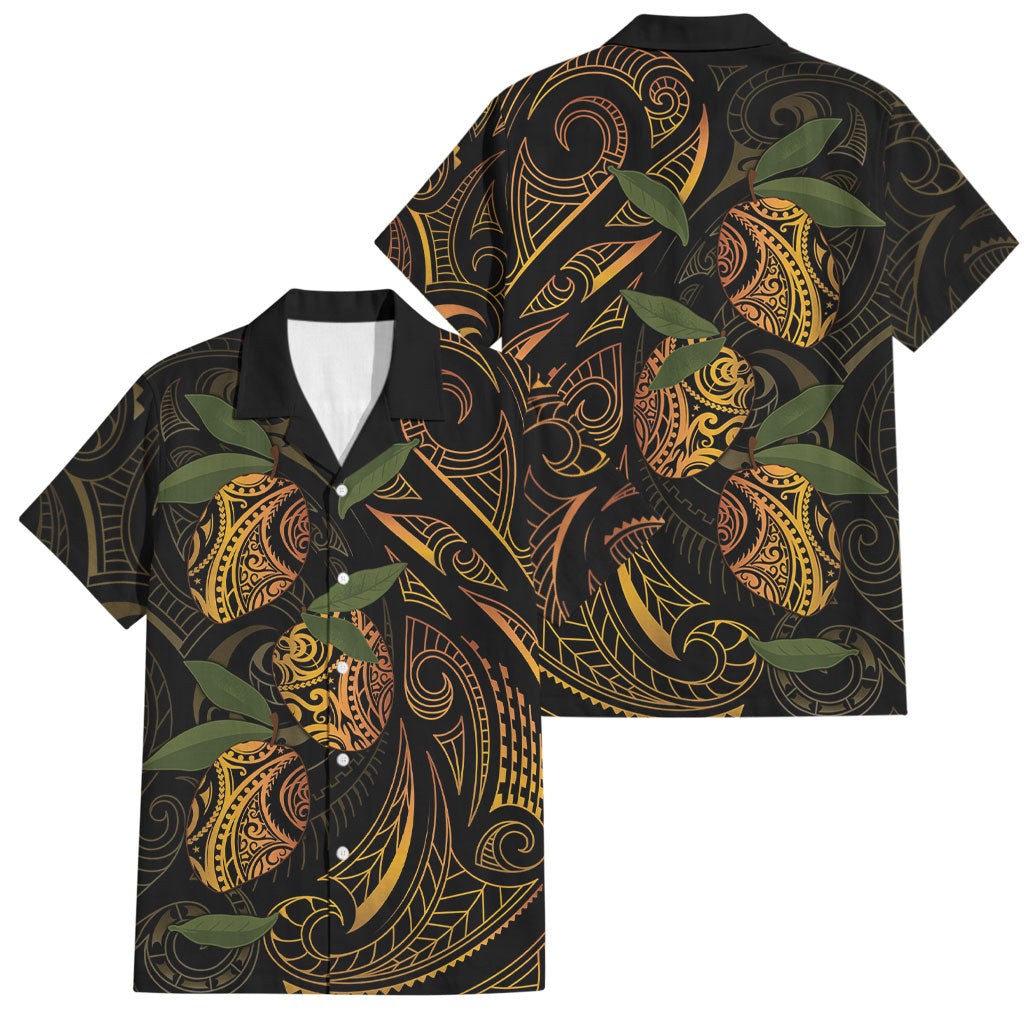Hawaiian Mango Tribal Tattoo Family Matching Off Shoulder Maxi Dress and Hawaiian Shirt Gold Pacific Traditional Pattern