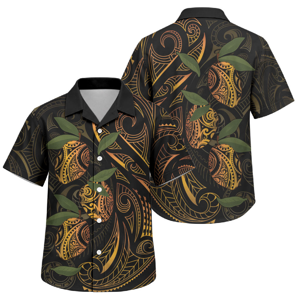 Hawaiian Mango Tribal Tattoo Family Matching Off Shoulder Short Dress and Hawaiian Shirt Gold Pacific Traditional Pattern
