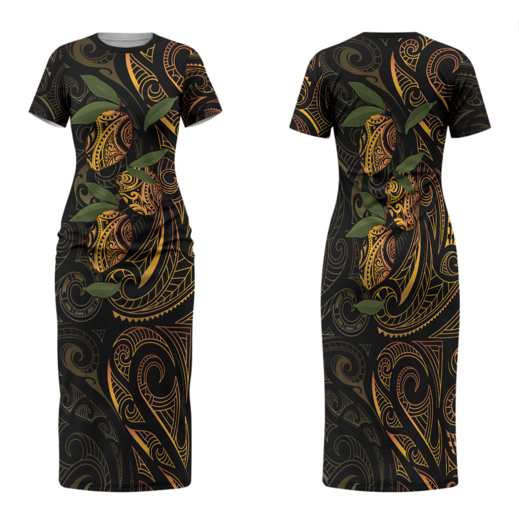 Hawaiian Mango Tribal Tattoo Family Matching Short Sleeve Bodycon Dress and Hawaiian Shirt Gold Pacific Traditional Pattern