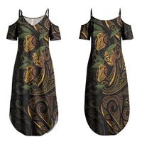 Hawaiian Mango Tribal Tattoo Family Matching Summer Maxi Dress and Hawaiian Shirt Gold Pacific Traditional Pattern