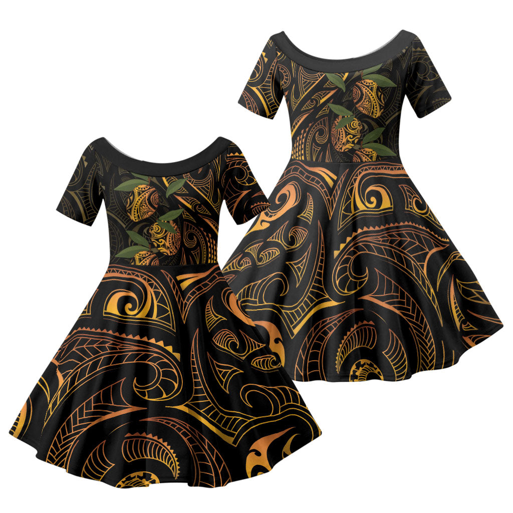Hawaiian Mango Tribal Tattoo Family Matching Tank Maxi Dress and Hawaiian Shirt Gold Pacific Traditional Pattern