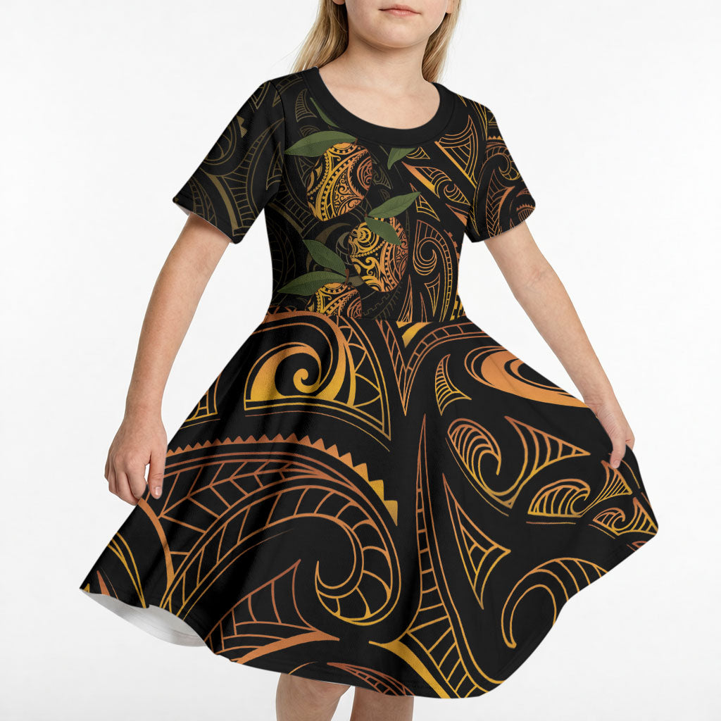 Hawaiian Mango Tribal Tattoo Kid Short Sleeve Dress Gold Pacific Traditional Pattern