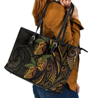 Hawaiian Mango Tribal Tattoo Leather Tote Bag Gold Pacific Traditional Pattern