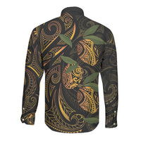 Hawaiian Mango Tribal Tattoo Long Sleeve Button Shirt Gold Pacific Traditional Pattern