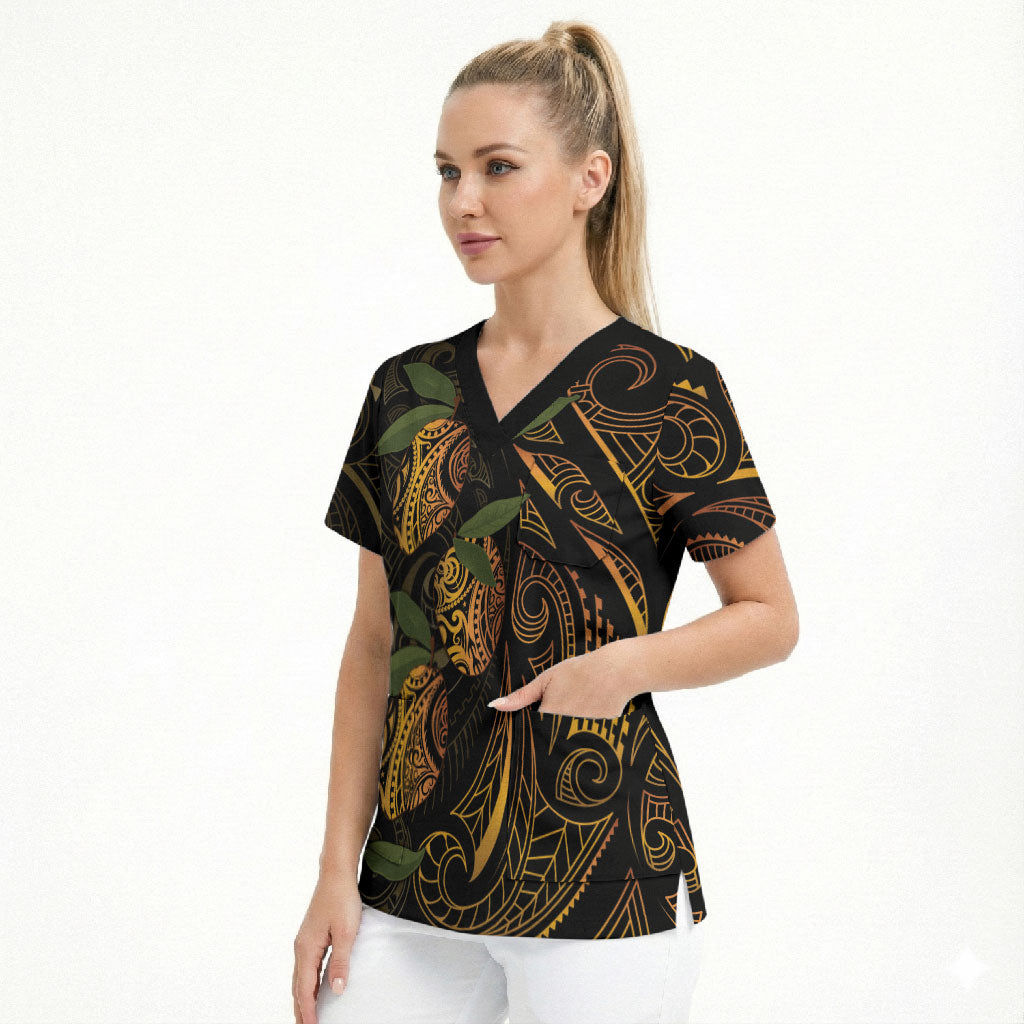 Hawaiian Mango Tribal Tattoo Scrub Top Gold Pacific Traditional Pattern