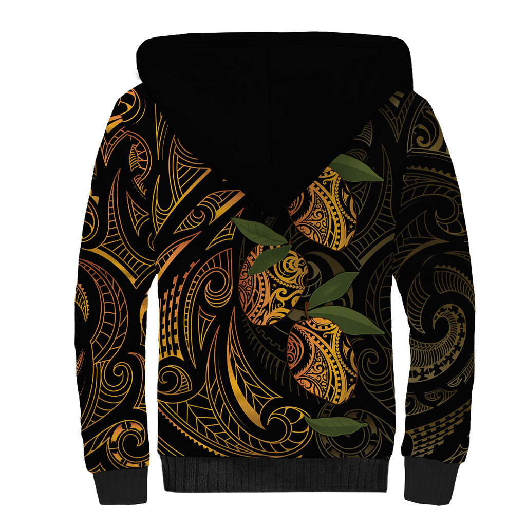 Hawaiian Mango Tribal Tattoo Sherpa Hoodie Gold Pacific Traditional Pattern