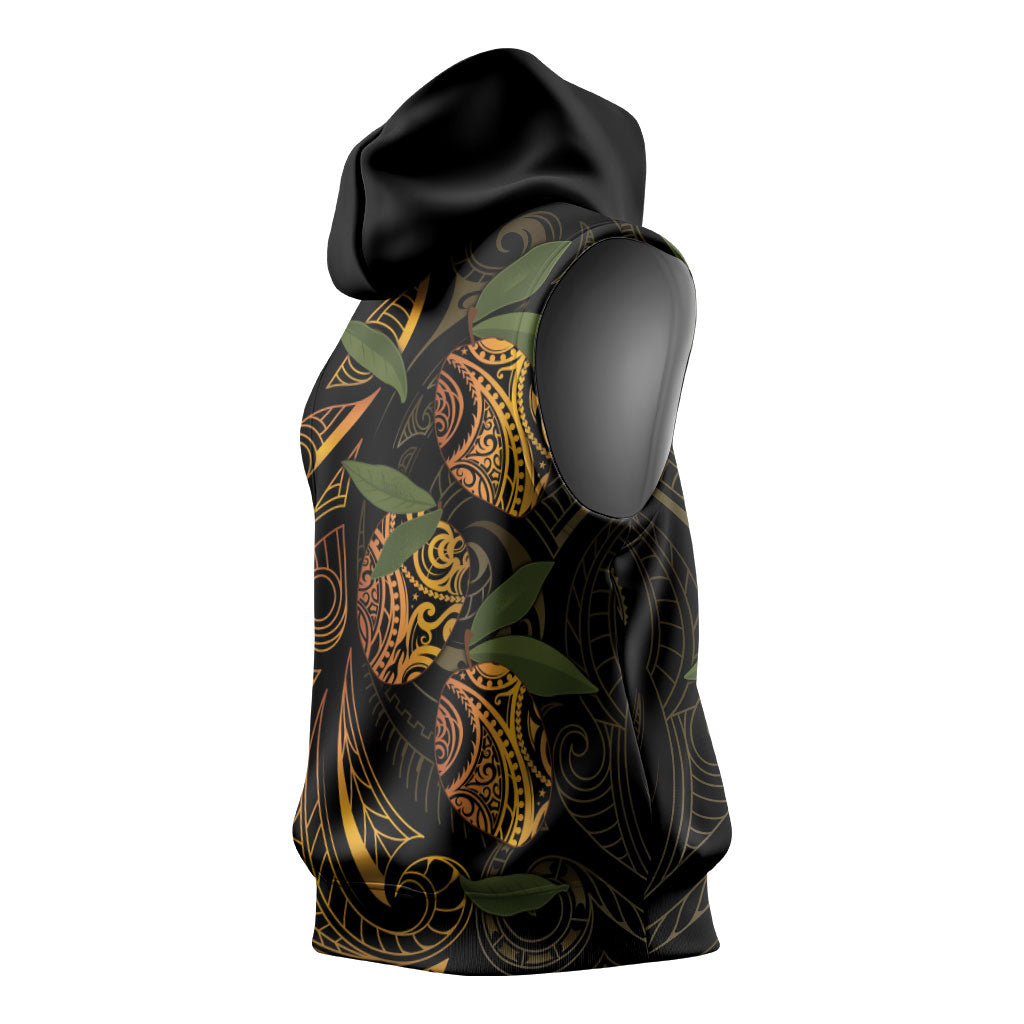 Hawaiian Mango Tribal Tattoo Sleeveless Hoodie Gold Pacific Traditional Pattern