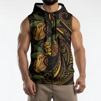 Hawaiian Mango Tribal Tattoo Sleeveless Zip Hoodie Gold Pacific Traditional Pattern