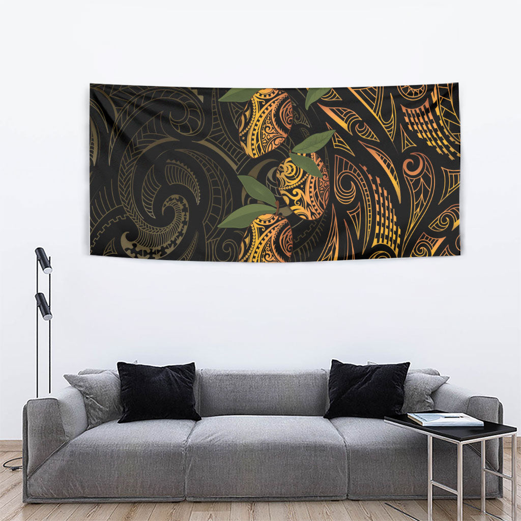 Hawaiian Mango Tribal Tattoo Tapestry Gold Pacific Traditional Pattern
