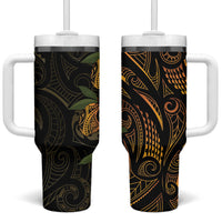Hawaiian Mango Tribal Tattoo Tumbler With Handle Gold Pacific Traditional Pattern