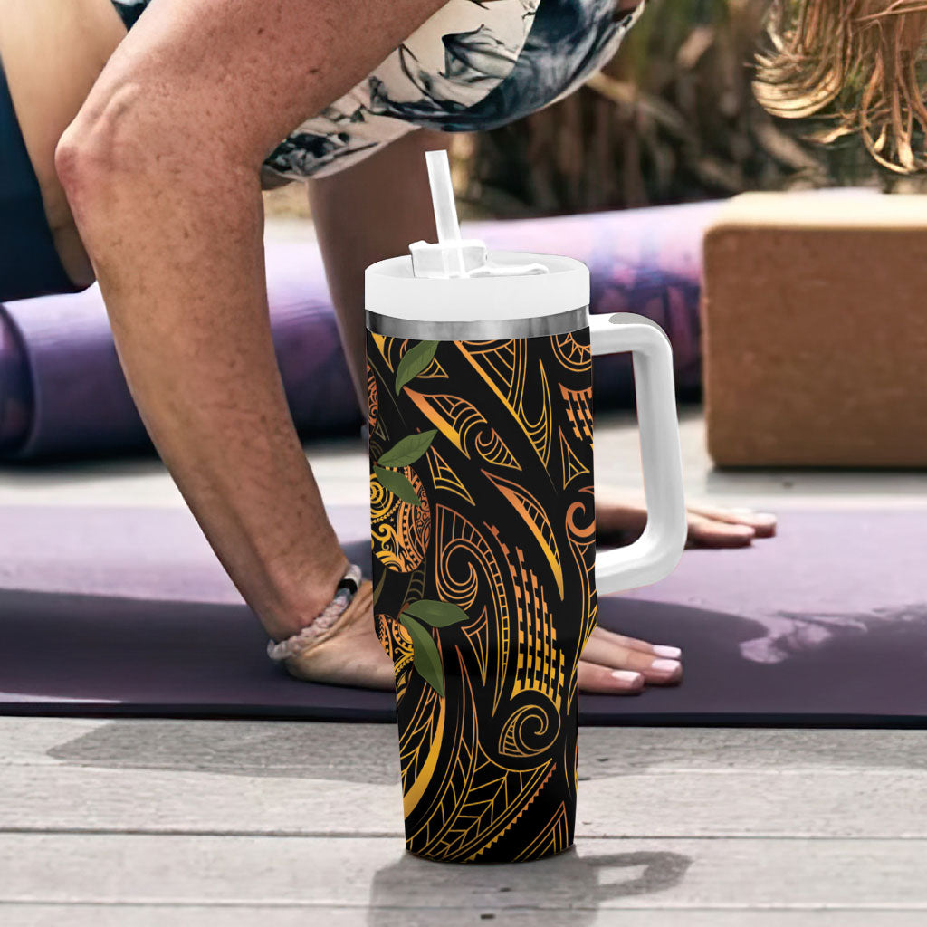 Hawaiian Mango Tribal Tattoo Tumbler With Handle Gold Pacific Traditional Pattern