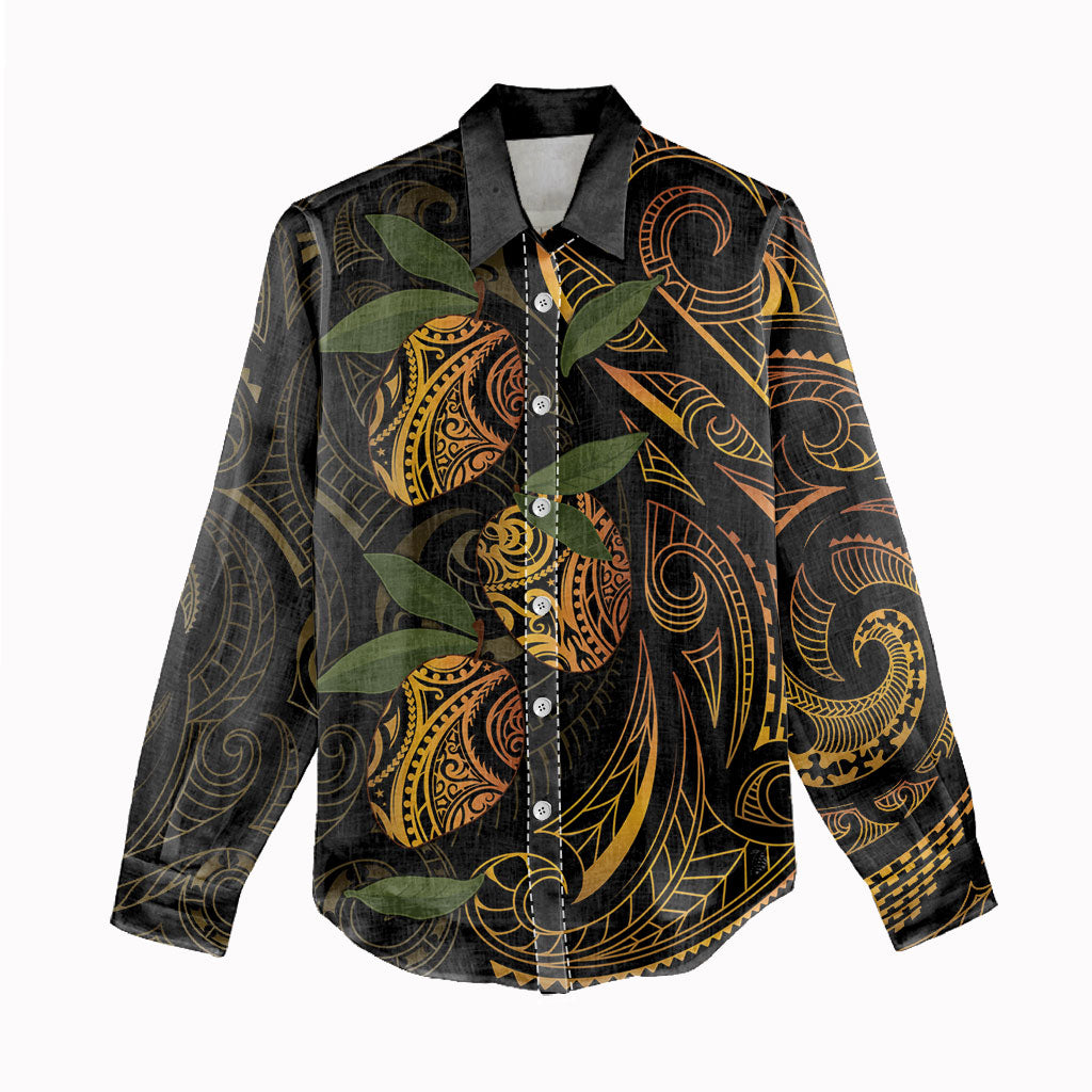 Hawaiian Mango Tribal Tattoo Women Casual Shirt Gold Pacific Traditional Pattern