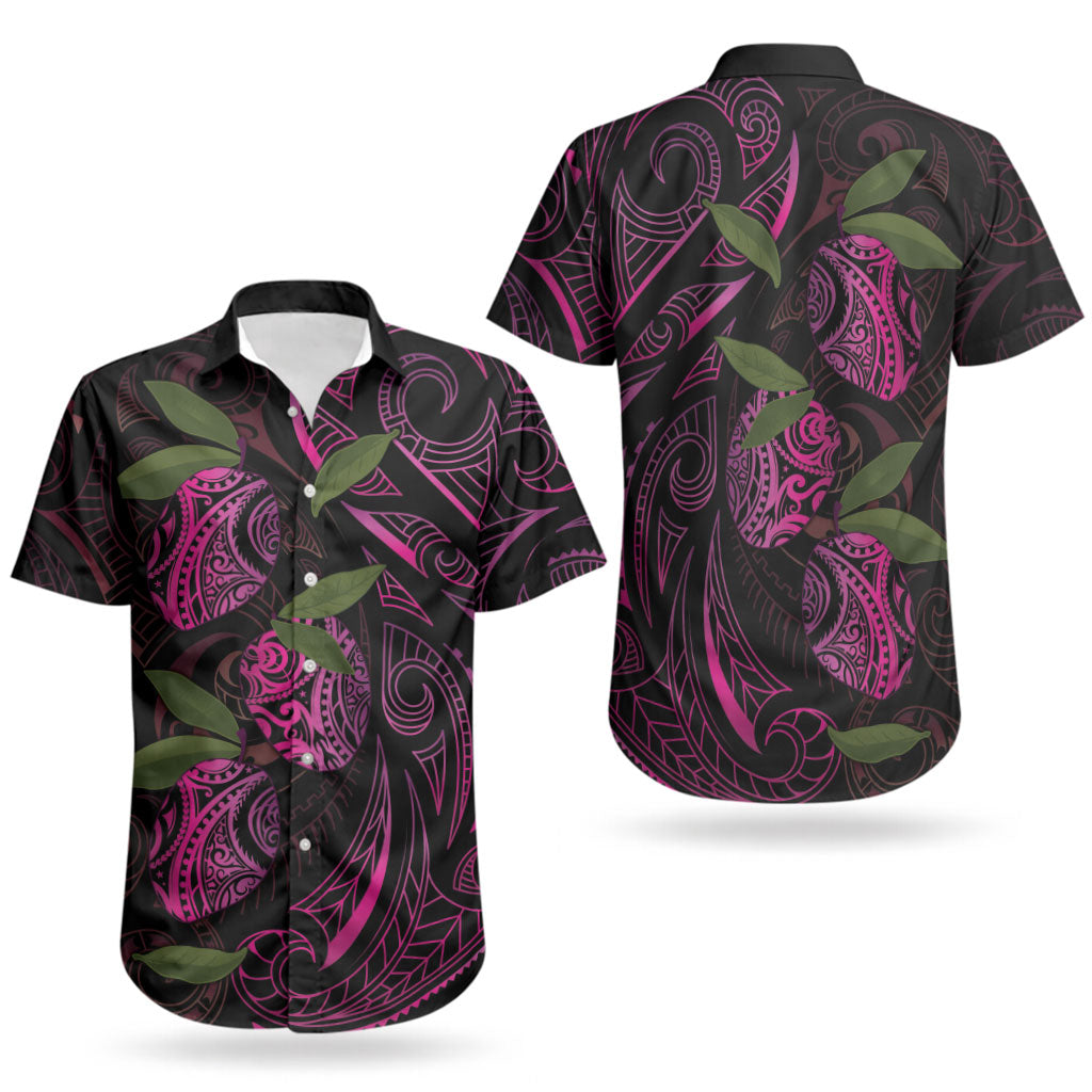 Hawaiian Mango Tribal Tattoo Couples Matching Off The Shoulder Long Sleeve Dress and Hawaiian Shirt Pink Pacific Traditional Pattern