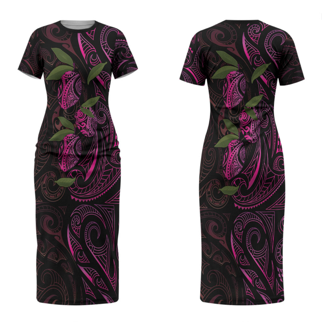 Hawaiian Mango Tribal Tattoo Couples Matching Short Sleeve Bodycon Dress and Hawaiian Shirt Pink Pacific Traditional Pattern