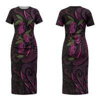 Hawaiian Mango Tribal Tattoo Couples Matching Short Sleeve Bodycon Dress and Hawaiian Shirt Pink Pacific Traditional Pattern