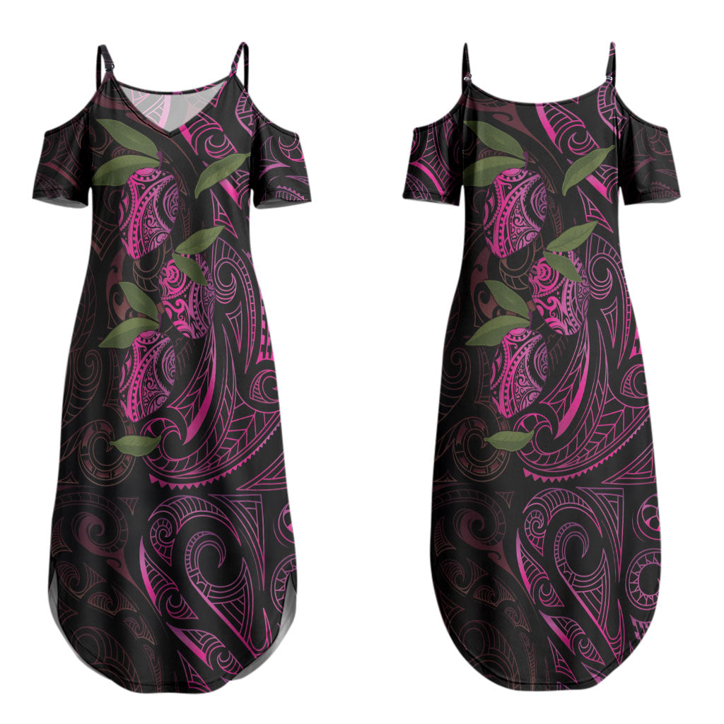 Hawaiian Mango Tribal Tattoo Couples Matching Summer Maxi Dress and Long Sleeve Button Shirt Pink Pacific Traditional Pattern