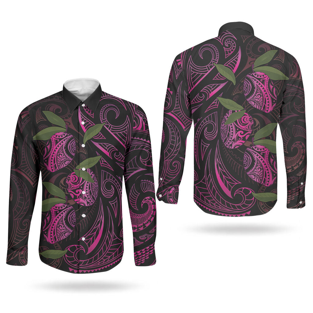 Hawaiian Mango Tribal Tattoo Couples Matching Tank Maxi Dress and Long Sleeve Button Shirt Pink Pacific Traditional Pattern