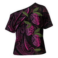 Hawaiian Mango Tribal Tattoo Cross Shoulder Shirt Pink Pacific Traditional Pattern