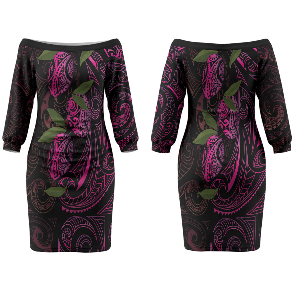 Hawaiian Mango Tribal Tattoo Family Matching Off The Shoulder Long Sleeve Dress and Hawaiian Shirt Pink Pacific Traditional Pattern
