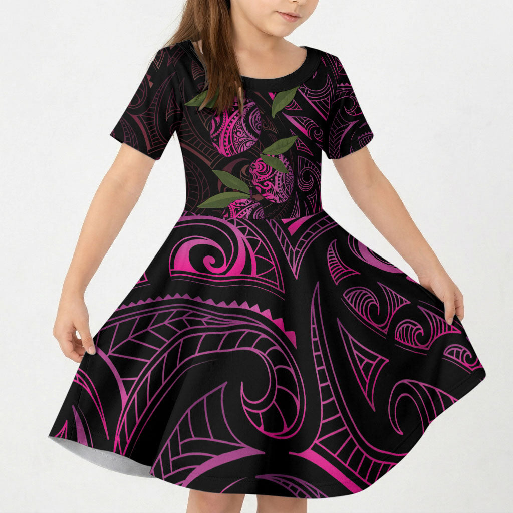 Hawaiian Mango Tribal Tattoo Kid Short Sleeve Dress Pink Pacific Traditional Pattern