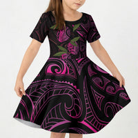 Hawaiian Mango Tribal Tattoo Kid Short Sleeve Dress Pink Pacific Traditional Pattern
