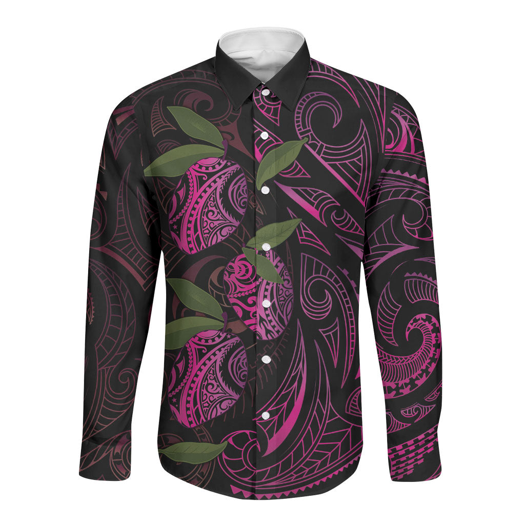 Hawaiian Mango Tribal Tattoo Long Sleeve Button Shirt Pink Pacific Traditional Pattern