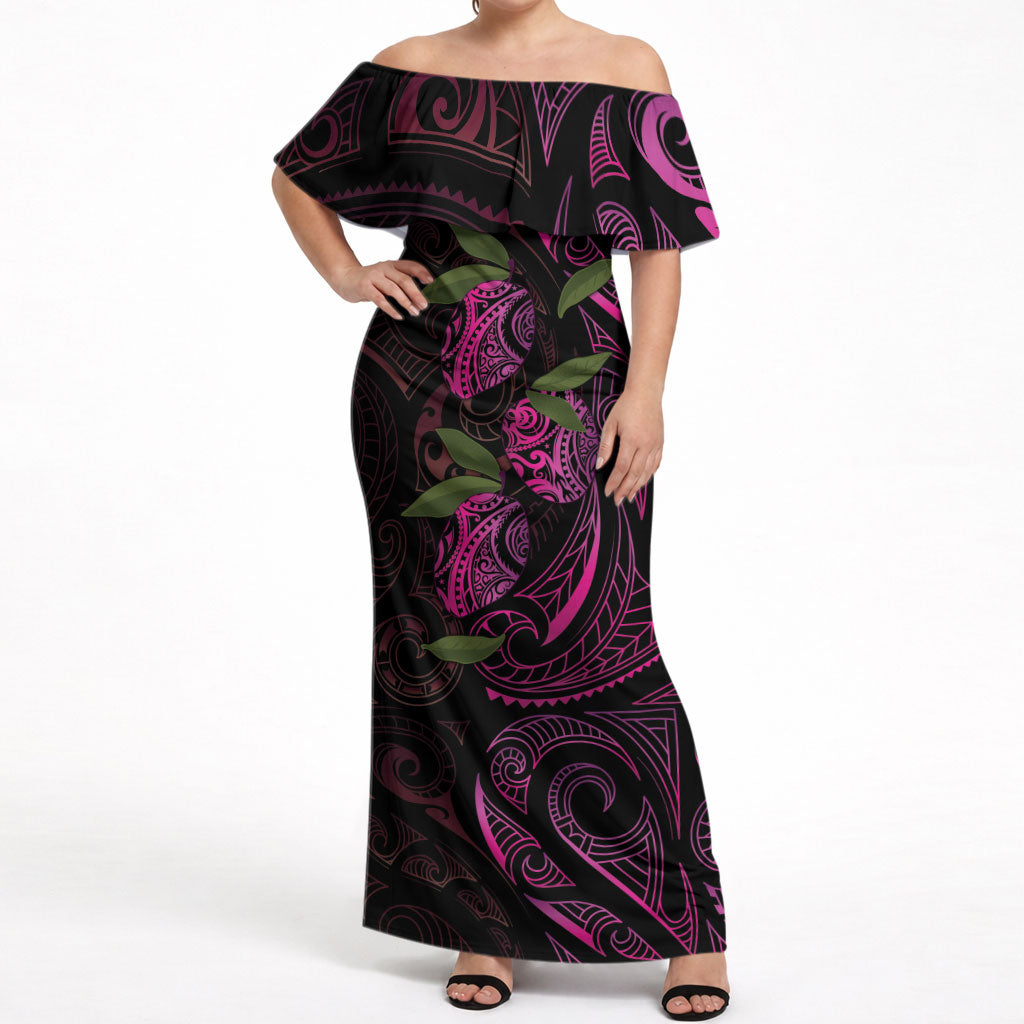 Hawaiian Mango Tribal Tattoo Off Shoulder Maxi Dress Pink Pacific Traditional Pattern