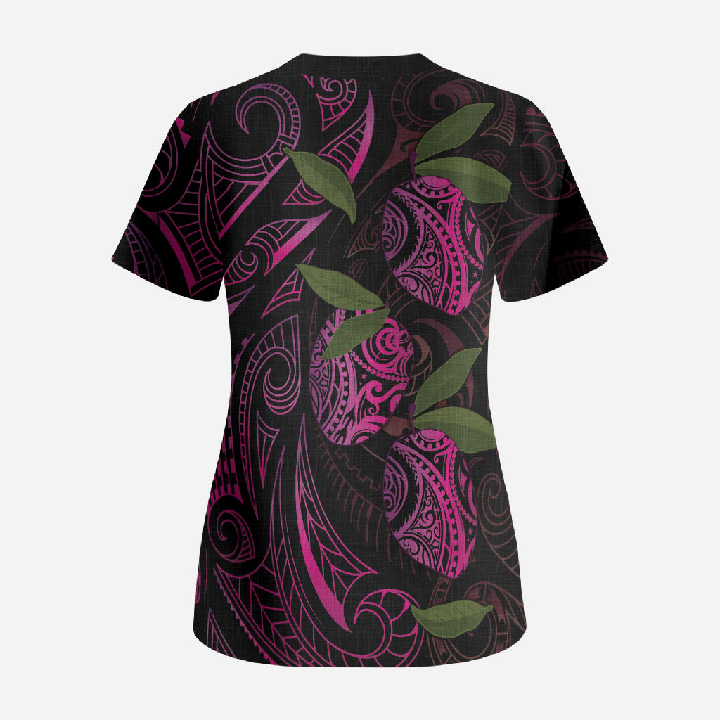 Hawaiian Mango Tribal Tattoo Scrub Top Pink Pacific Traditional Pattern