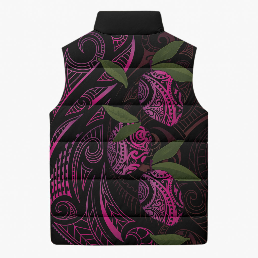 Hawaiian Mango Tribal Tattoo Sleeveless Puffer Jacket Pink Pacific Traditional Pattern