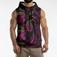 Hawaiian Mango Tribal Tattoo Sleeveless Zip Hoodie Pink Pacific Traditional Pattern