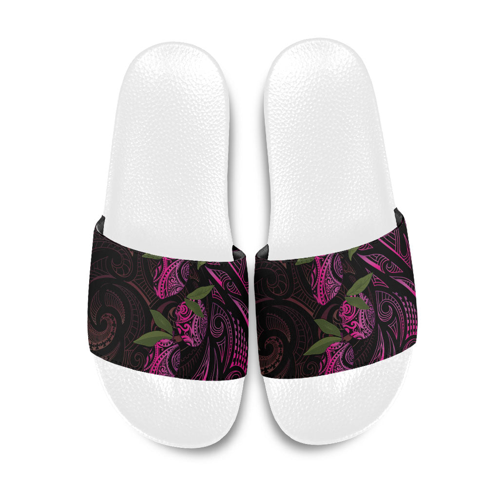Hawaiian Mango Tribal Tattoo Slide Sandals Pink Pacific Traditional Pattern