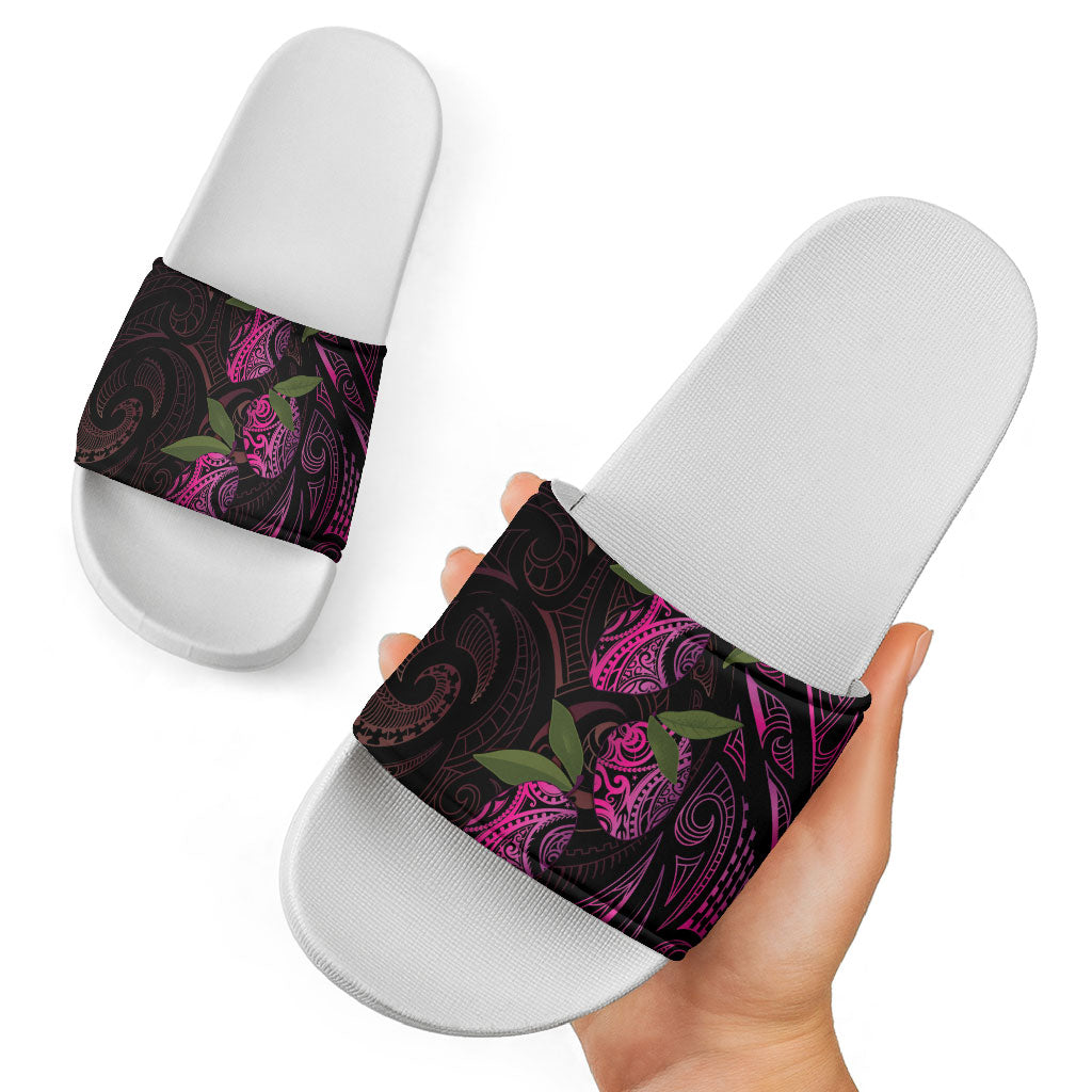 Hawaiian Mango Tribal Tattoo Slide Sandals Pink Pacific Traditional Pattern
