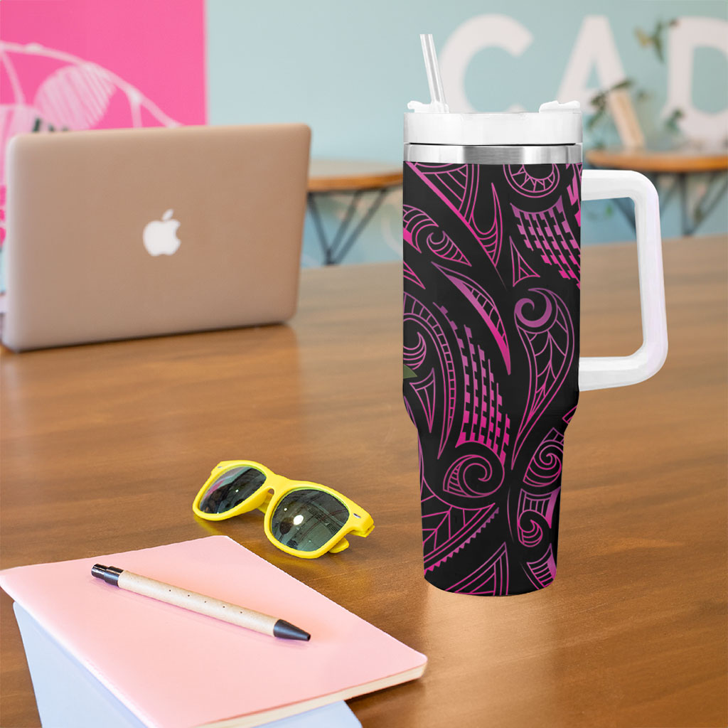 Hawaiian Mango Tribal Tattoo Tumbler With Handle Pink Pacific Traditional Pattern