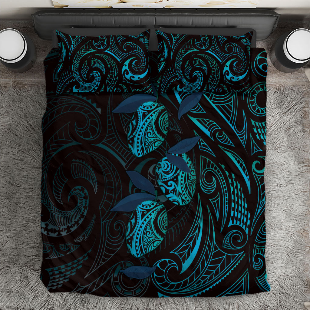Hawaiian Mango Tribal Tattoo Bedding Set Teal Pacific Traditional Pattern